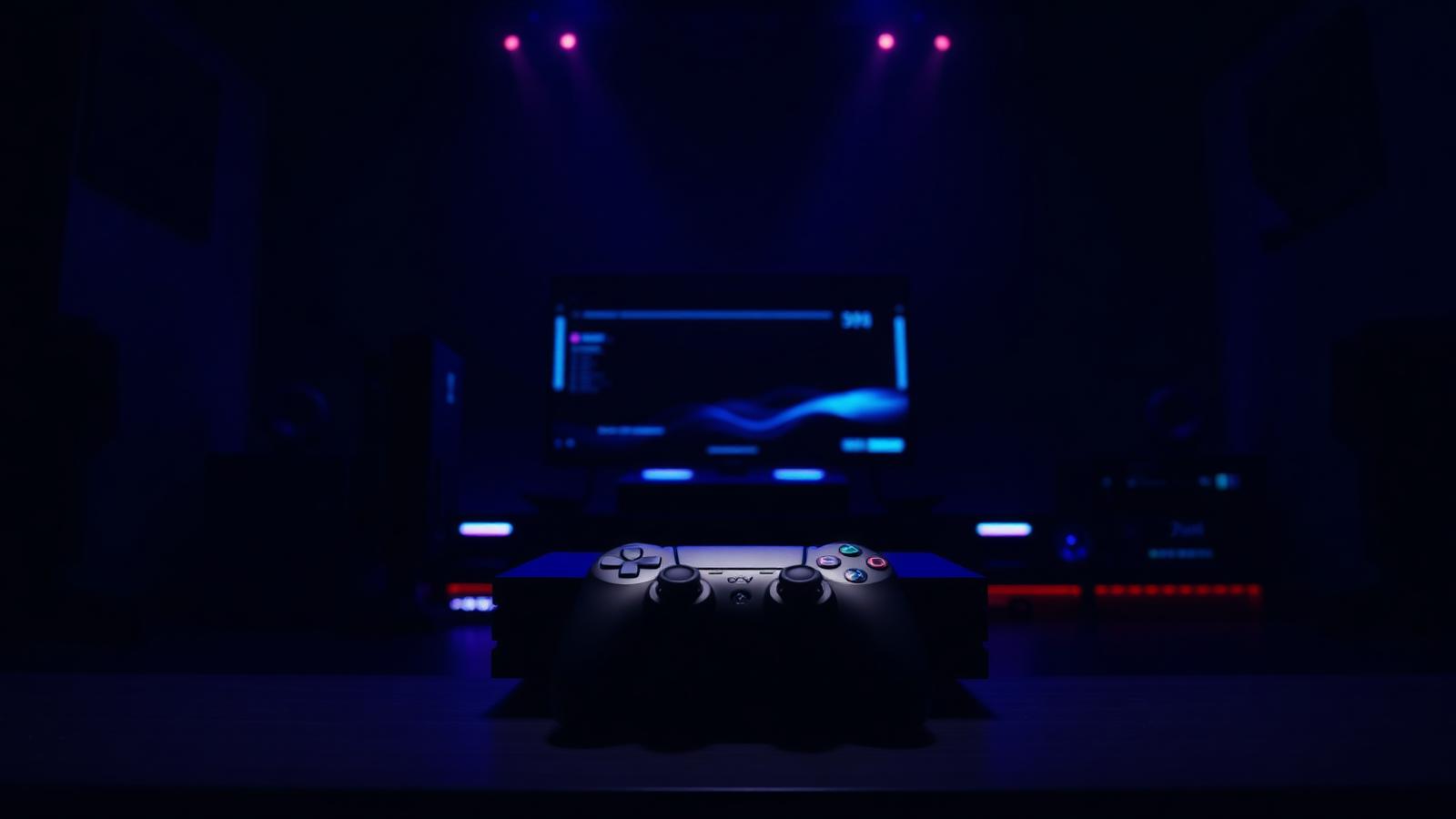 Cinematic dark gaming setup with a console and controller lit by neon blue light