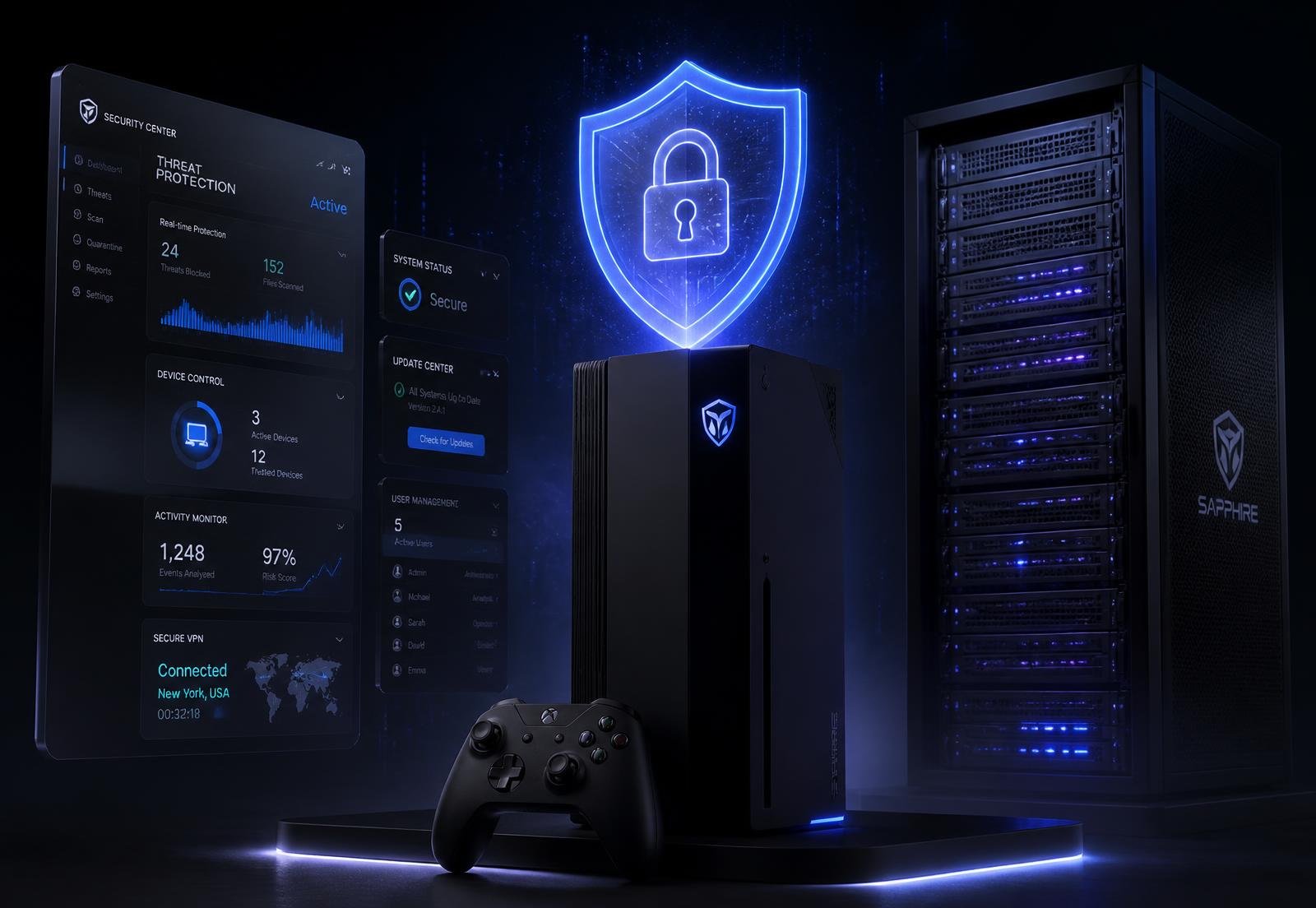 Gaming console, cybersecurity shield hologram, software panels and a server rack in a futuristic dark environment