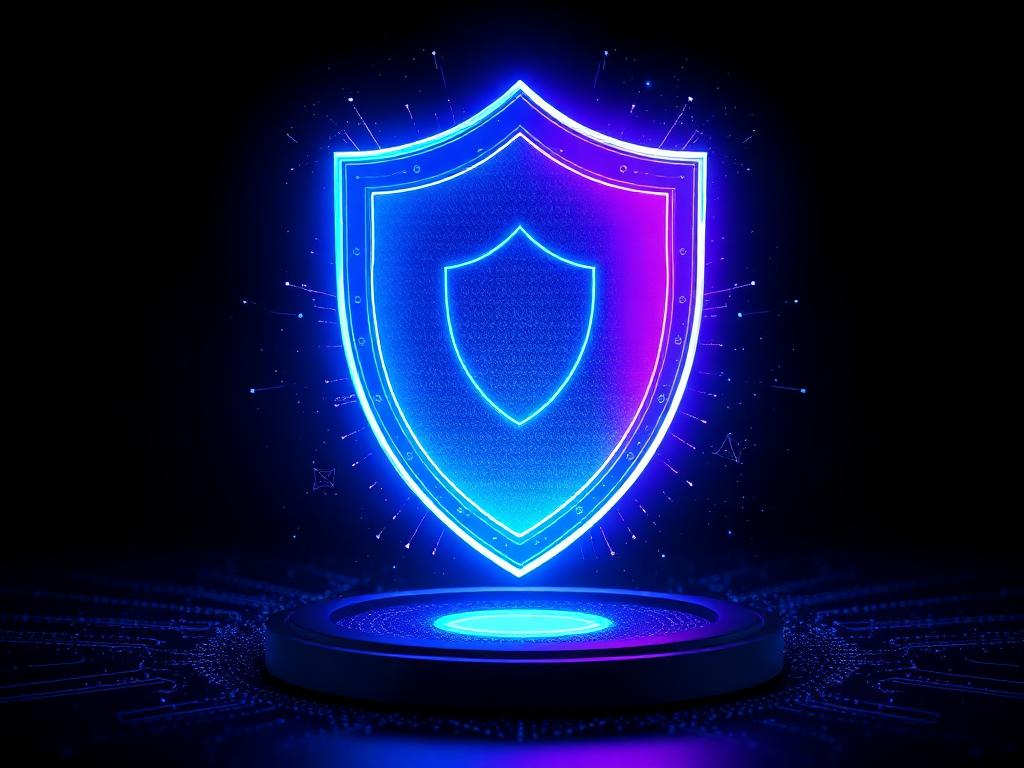 Glowing cybersecurity shield hologram